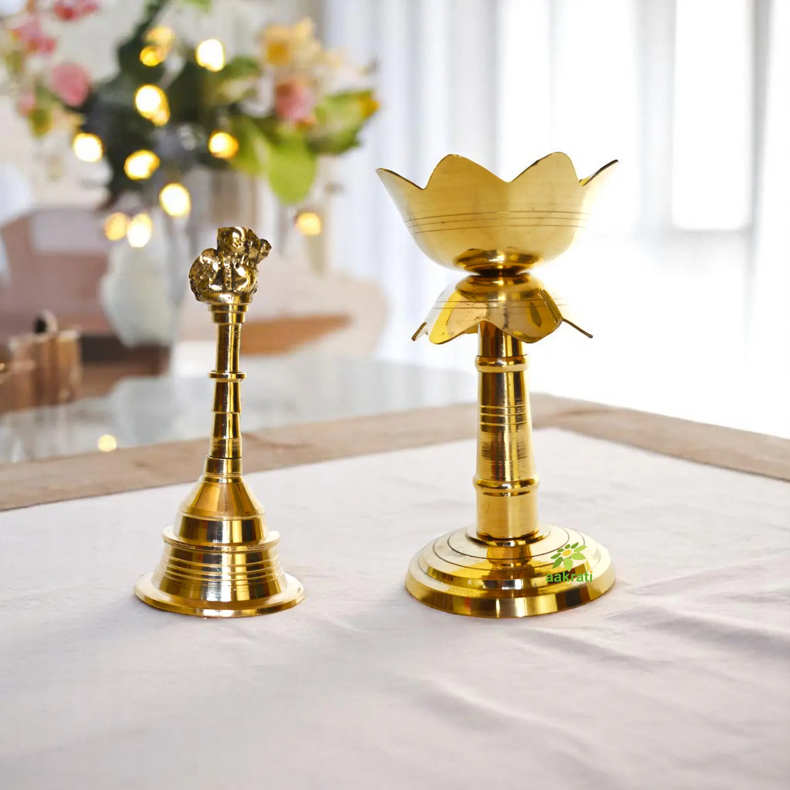 Brass Akhand Diya and Hand Bell Combo
